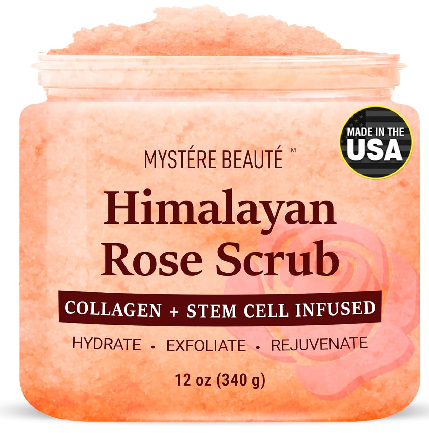 MYSTÉRE BEAUTÉ Himalayan Rose Salt Body Scrub with Collagen & Rose Oil - 12 oz